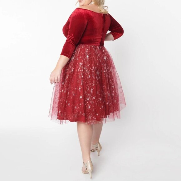 Unique Vintage Marceline Velvet & Tulle Swing Dress. 2XL. Burgundy Red. - Picture 2 of 13